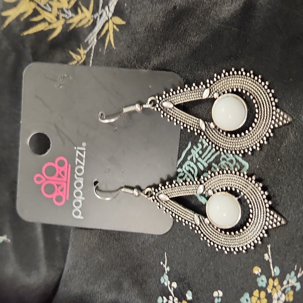 Paparazzi Silver & White Earrings